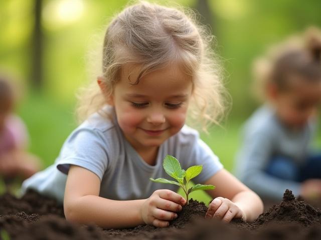 A caring student gently planting a seedling in a communal garden, demonstrating environmental responsibility and care for nature.