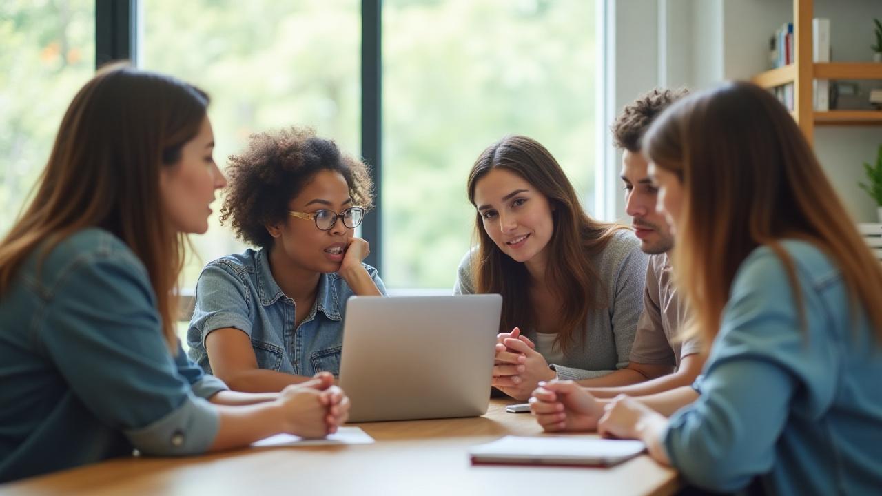 Teachers collaboratively discussing professional development strategies in a modern, light-filled classroom setting.